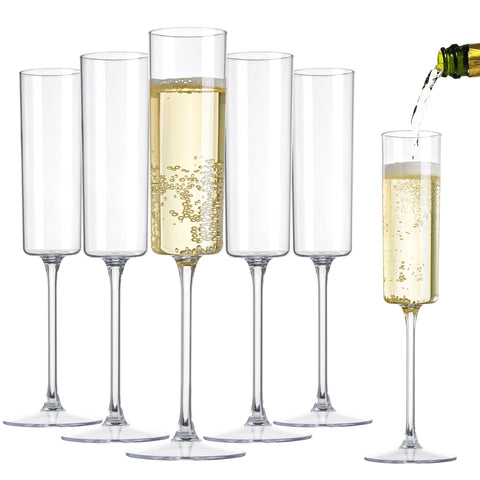Nervure 24-pack square plastic champagne flutes offering clear 6oz capacity for easy outdoor celebrations.