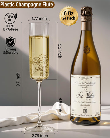 Nervure clear plastic champagne flutes with stem provide elegant flair for events.