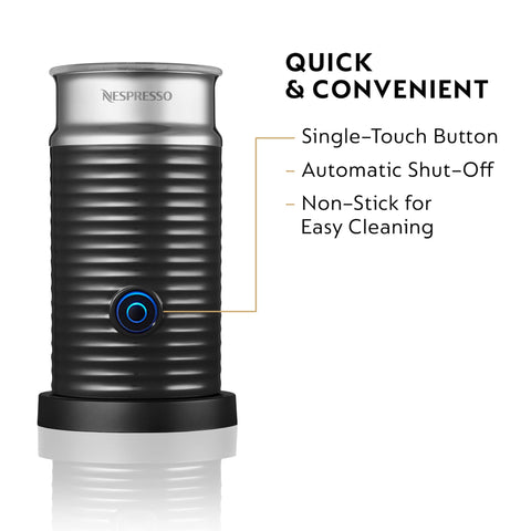 Nespresso Aeroccino 3 front view highlights one-touch operation for quick hot milk or froth.
