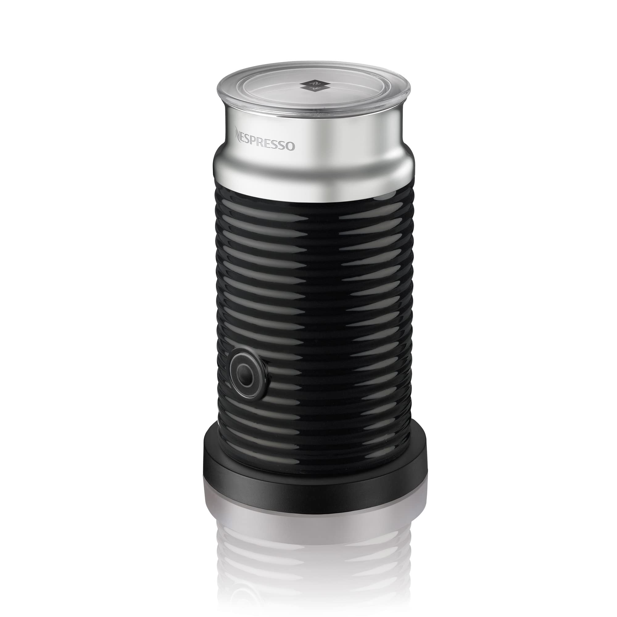 Nespresso Aeroccino 3 side view shows sleek stainless steel and compact design for easy countertop use.