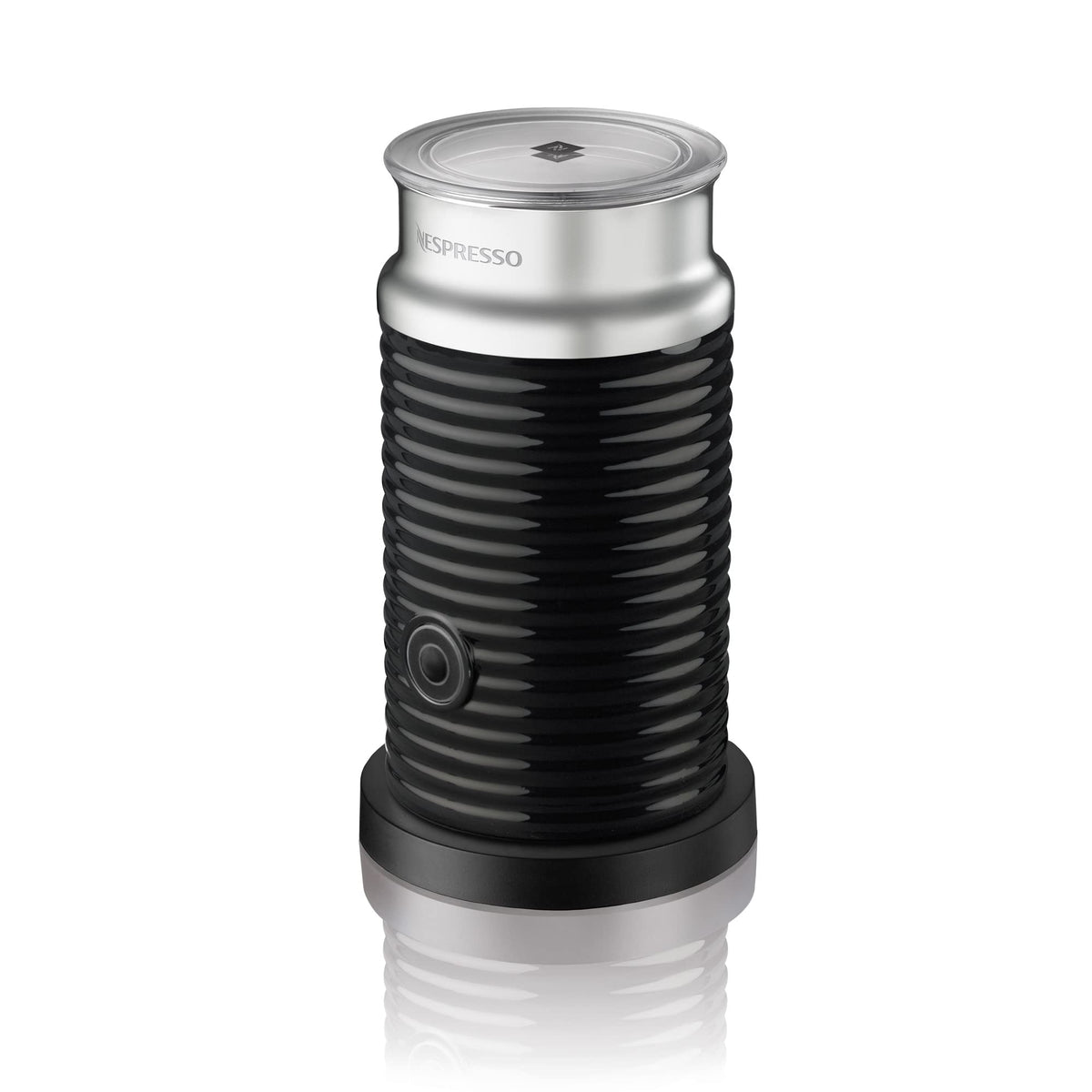 Nespresso Aeroccino 3 side view shows sleek stainless steel and compact design for easy countertop use.