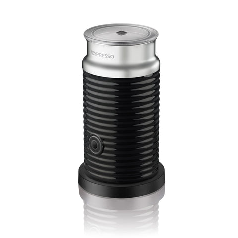 Nespresso Aeroccino 3 side view shows sleek stainless steel and compact design for easy countertop use.