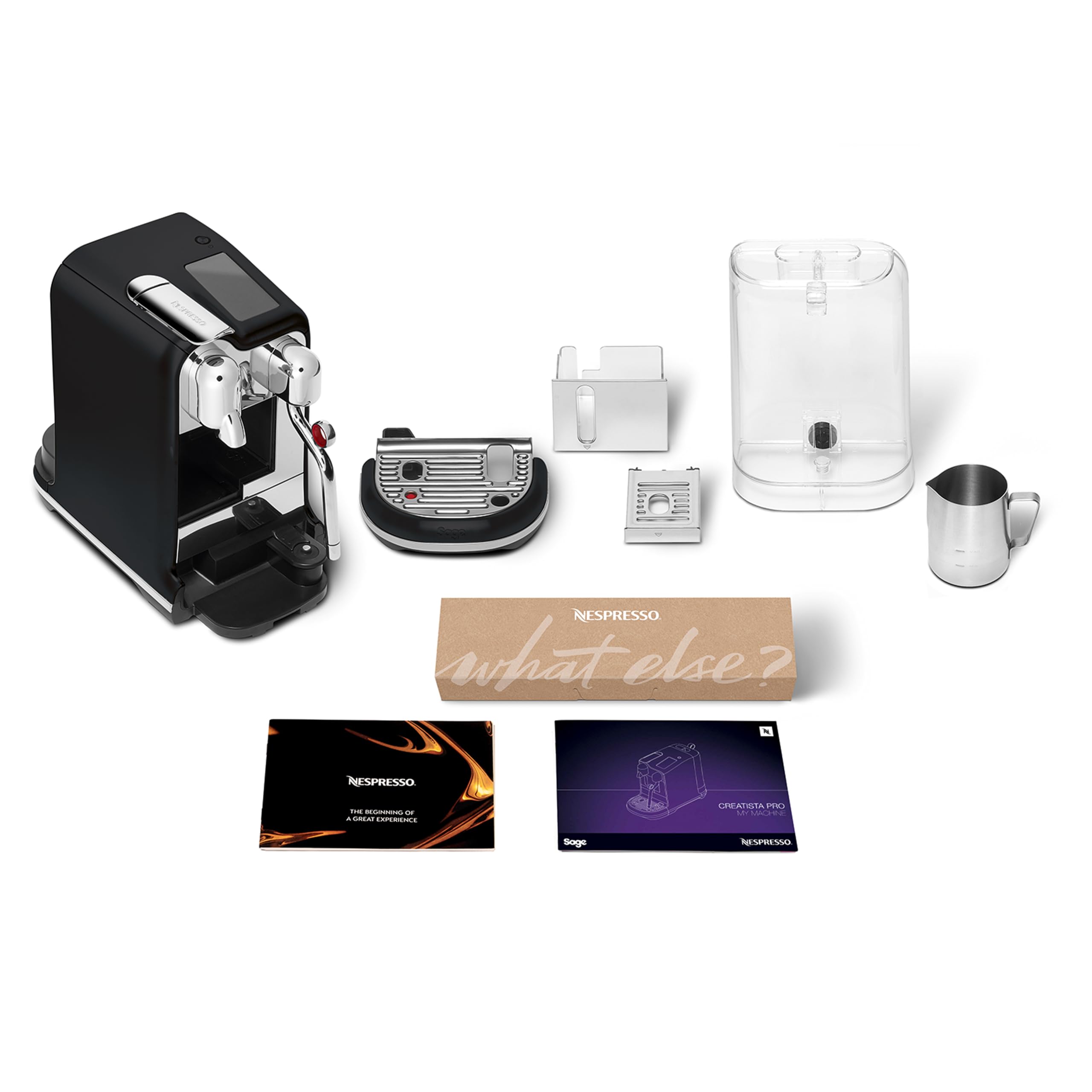 Nespresso Creatista Pro latte art capable wand and stainless steel milk jug.