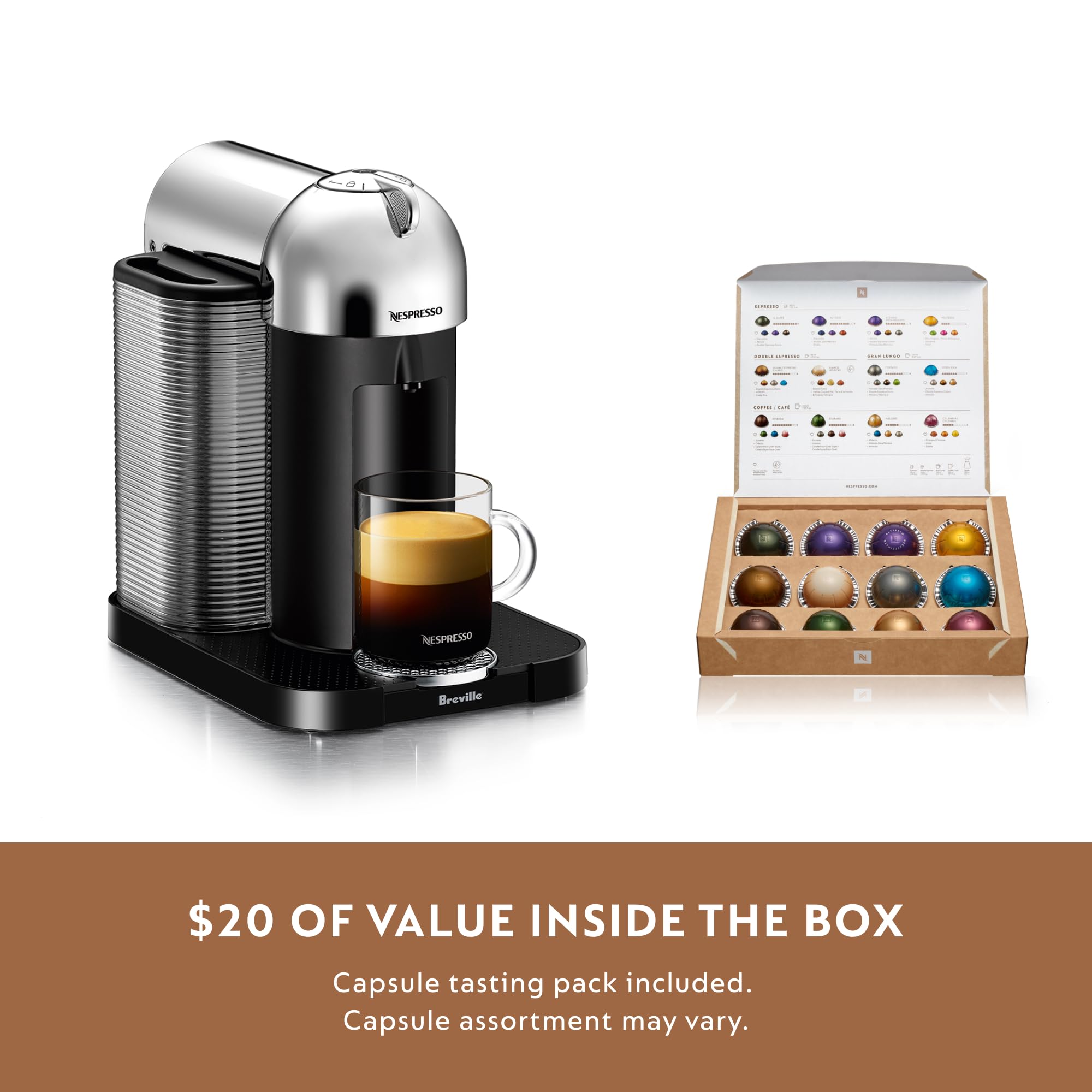 Nespresso Vertuo adjustable cup tray fits different cup sizes.