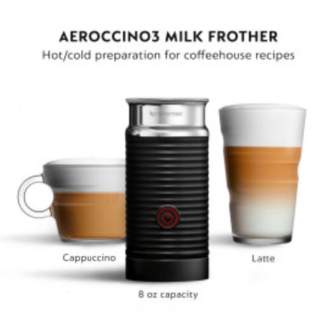 Nespresso Vertuo Aeroccino3 frother creates silky hot or cold milk foam.