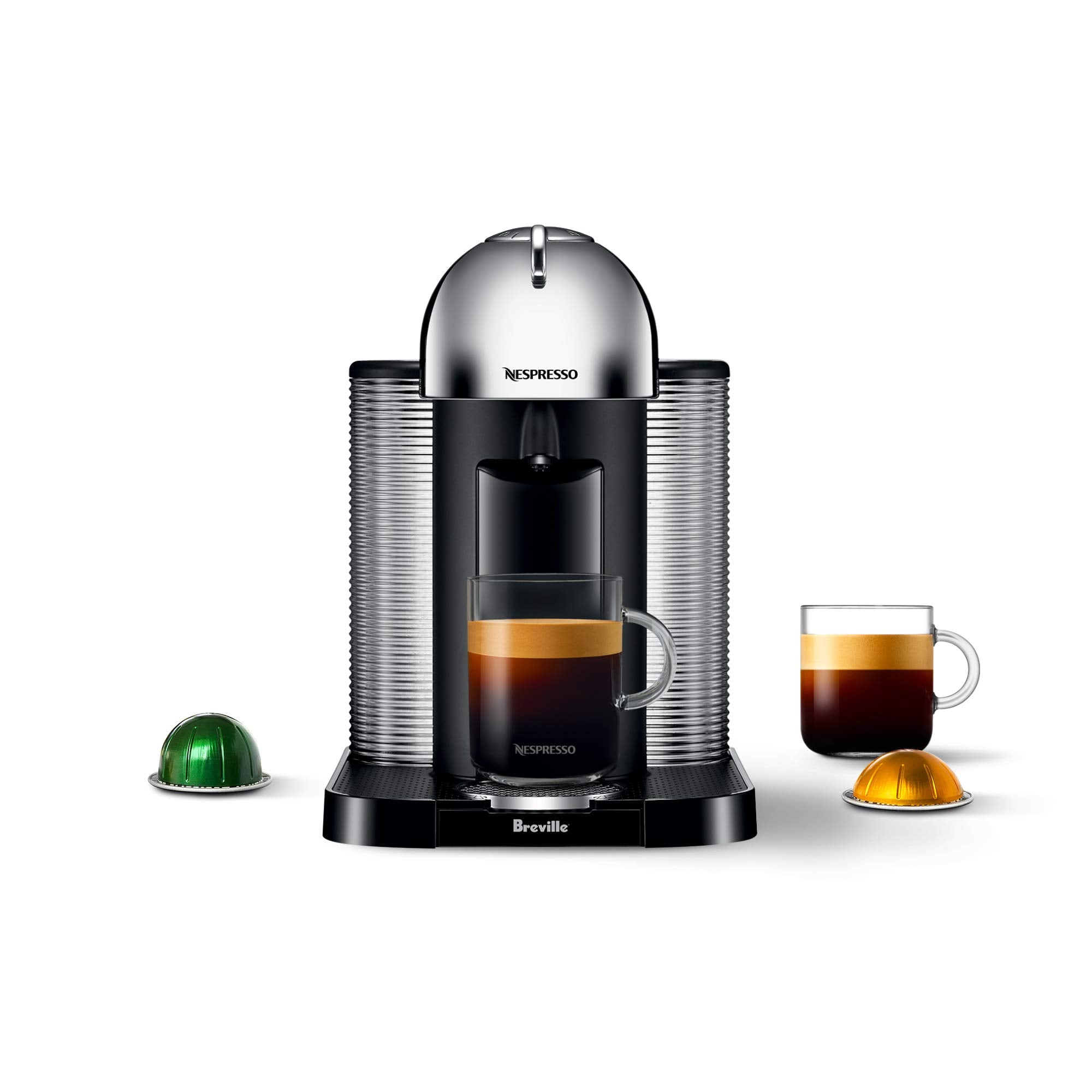 Nespresso Vertuo chrome front view showing a compact design for kitchens