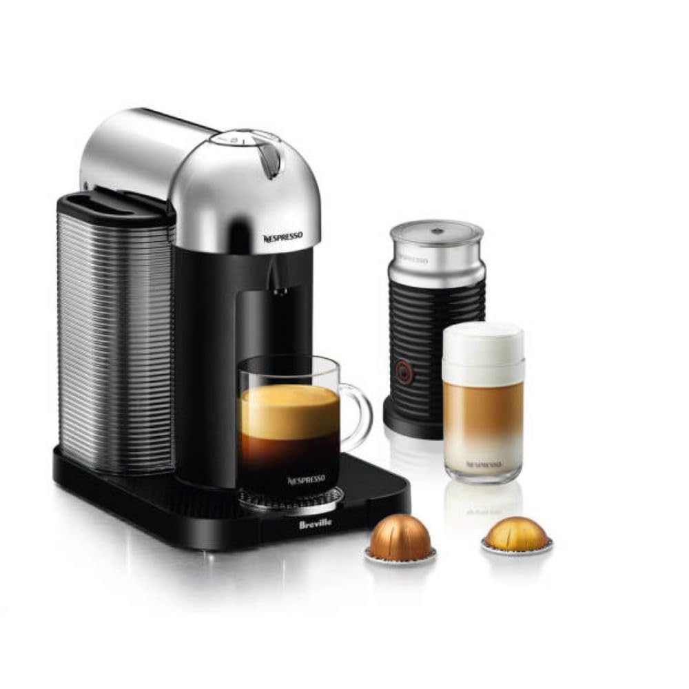 Nespresso Vertuo chrome coffee maker front view showcasing sleek design.