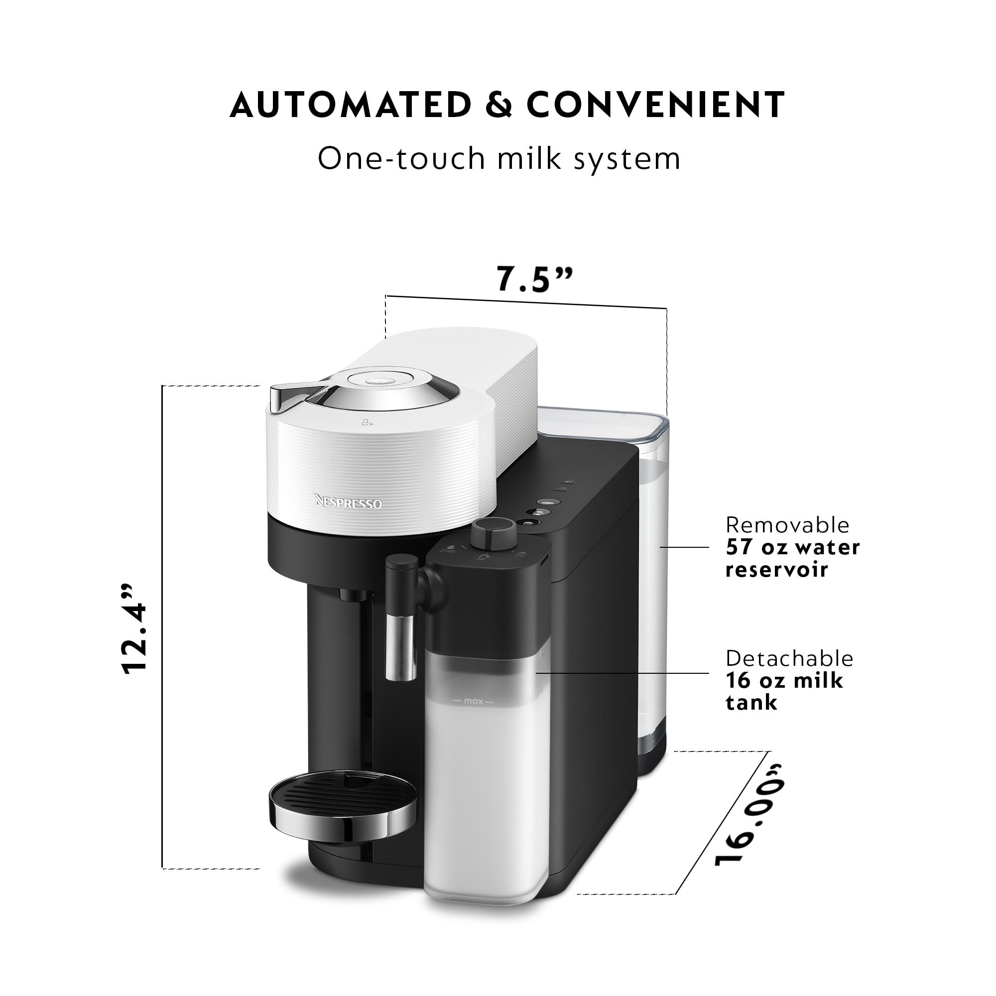 Six cup sizes for espresso to large mugs with Vertuo Lattissima.