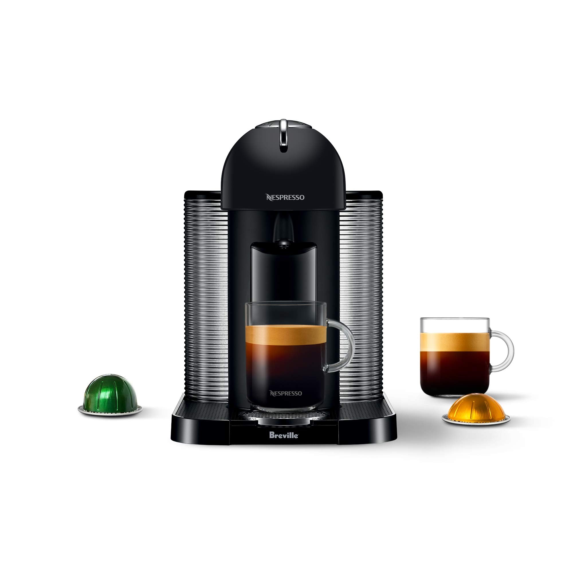 Nespresso Vertuo matte black machine front view for a sleek kitchen setup.