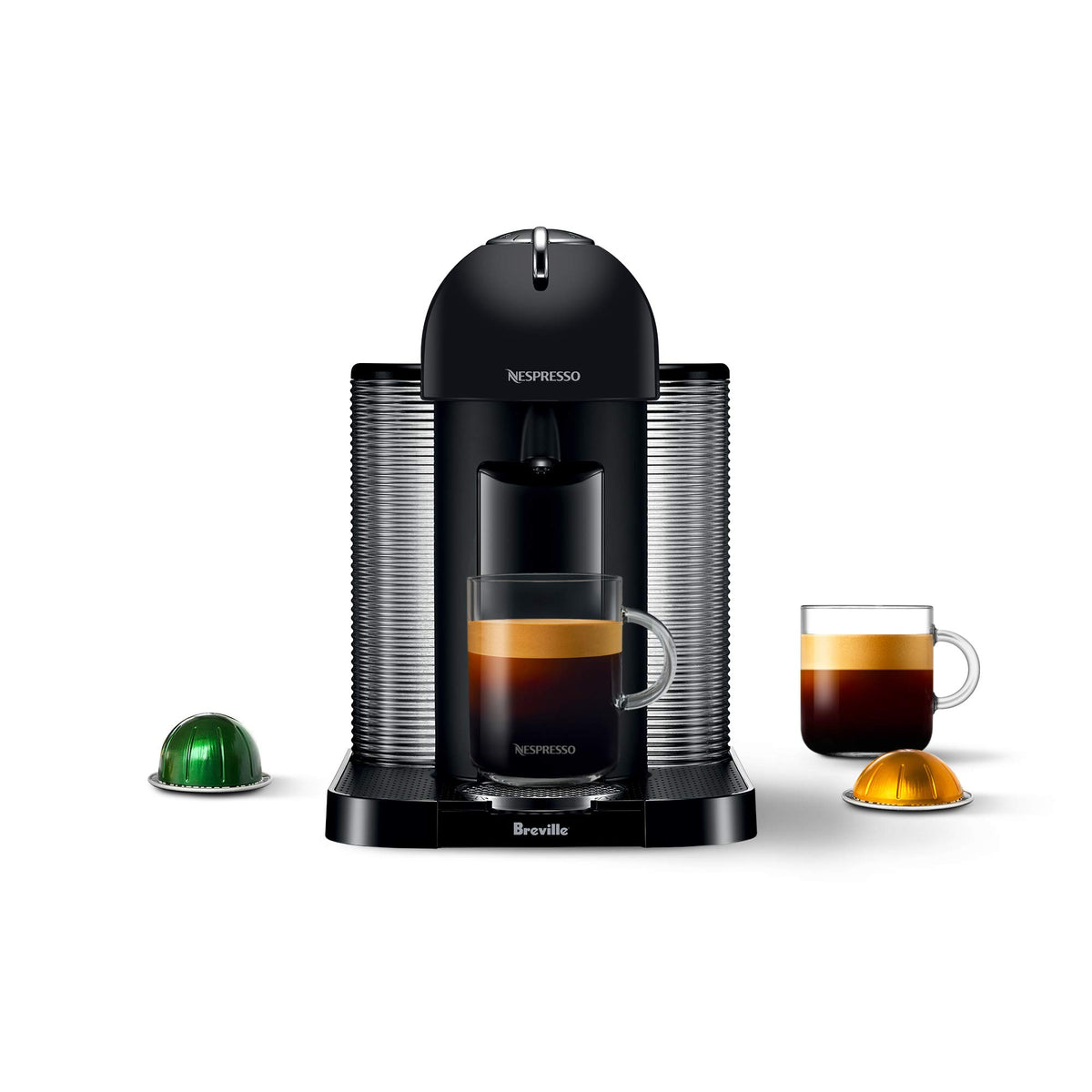 Nespresso Vertuo matte black machine front view for a sleek kitchen setup.