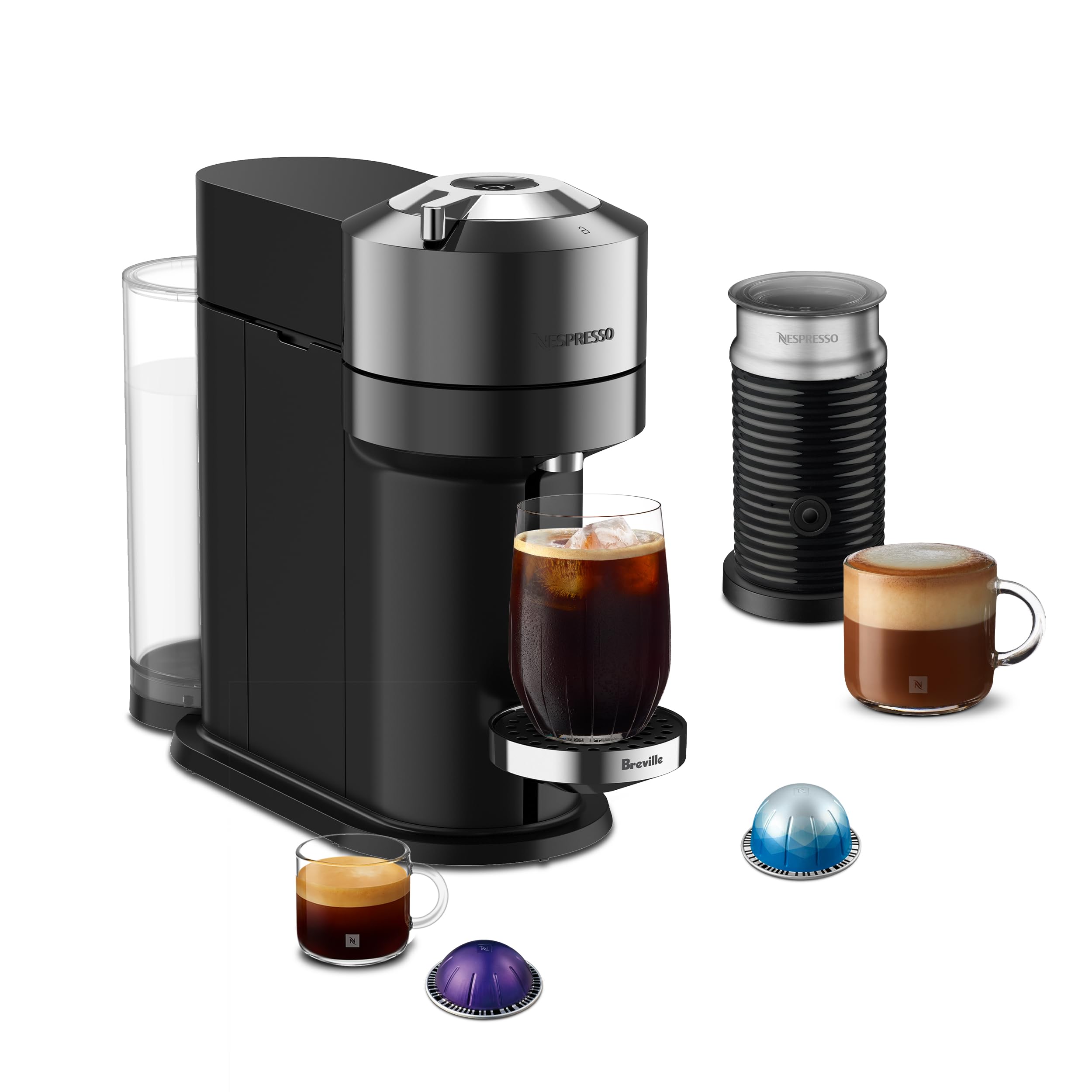 Nespresso Vertuo Next Deluxe chrome front view, compact design ideal for small kitchens.