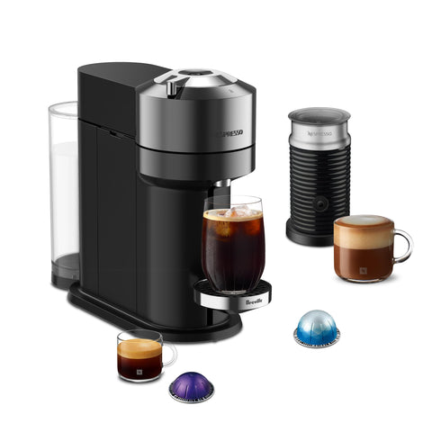 Nespresso Vertuo Next Deluxe chrome front view, compact design ideal for small kitchens.