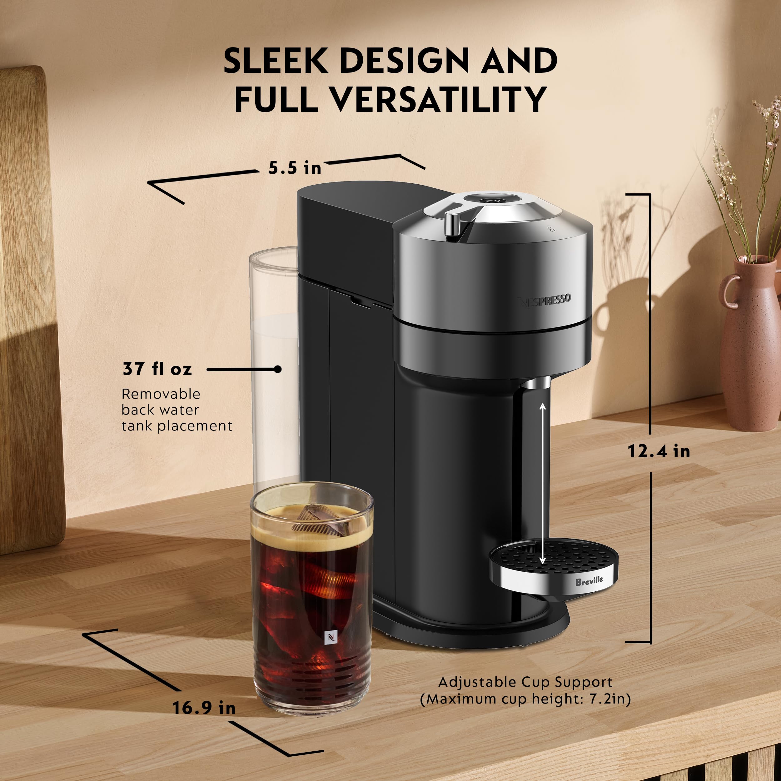 Nespresso Vertuo Next Deluxe chrome ready for ice coffee brewing.