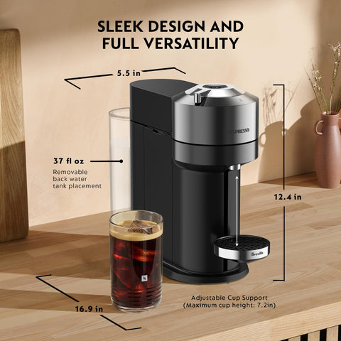 Nespresso Vertuo Next Deluxe chrome ready for ice coffee brewing.