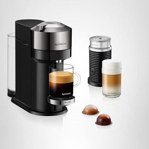 Nespresso Vertuo Next Deluxe chrome packaged with starter capsule set for new users.