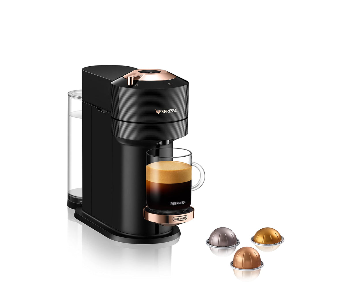 Nespresso Vertuo Next front view with rose-gold accents, a stylish compact coffee companion.
