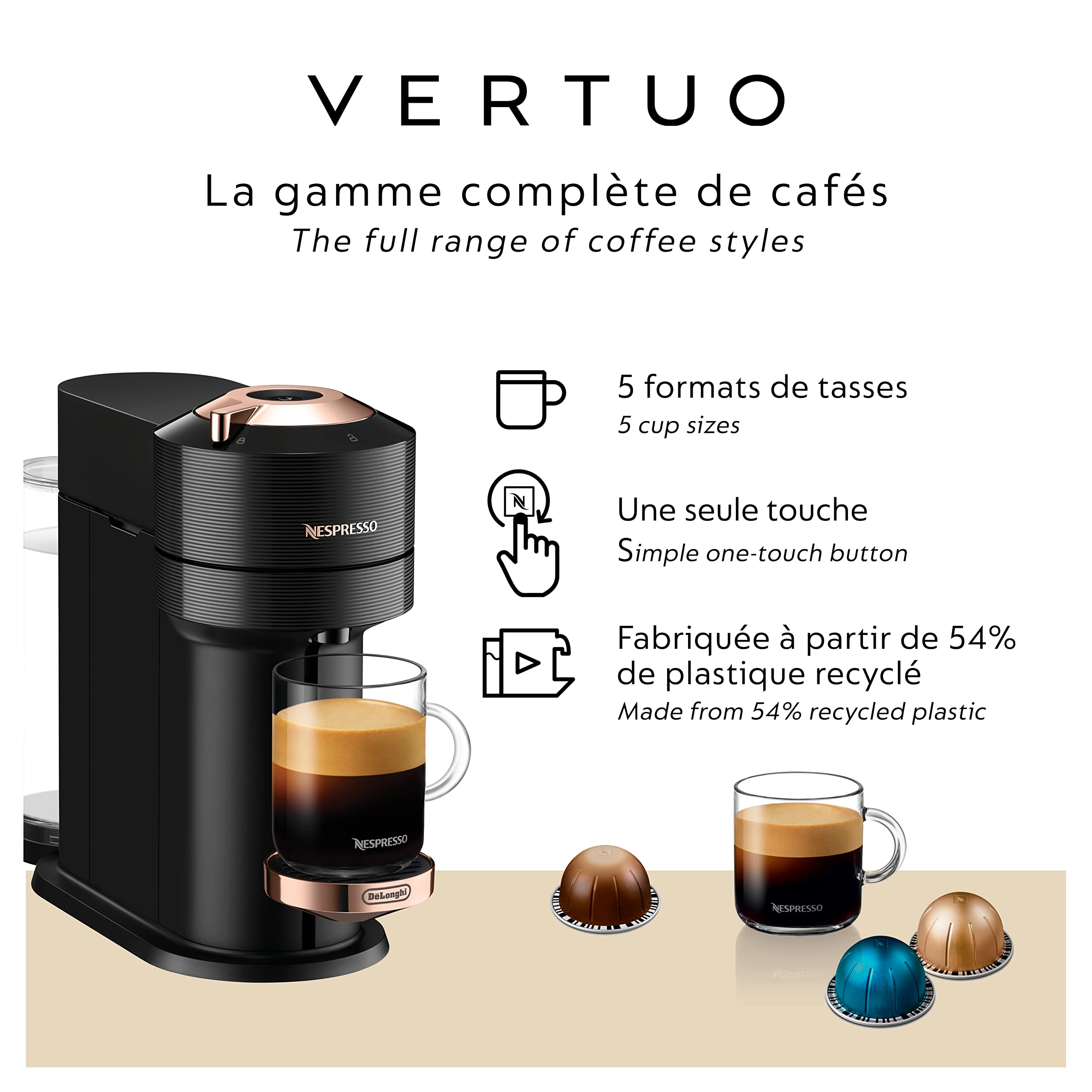 Nespresso Vertuo Next with rose-gold accents, a sleek kitchen centerpiece for premium coffee.