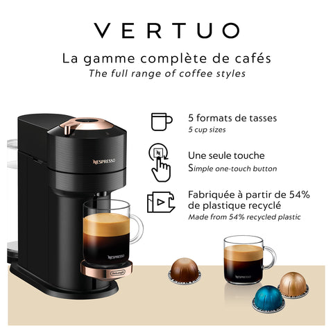 Nespresso Vertuo Next with rose-gold accents, a sleek kitchen centerpiece for premium coffee.