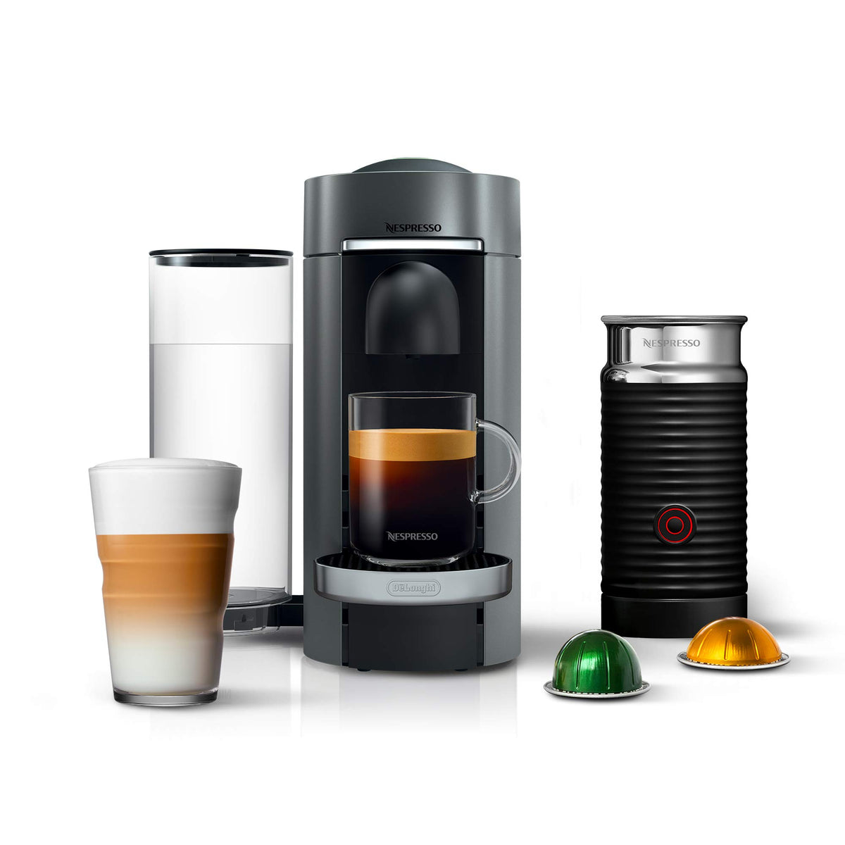 Nespresso Vertuo Plus Deluxe Titan front view with chrome accents for a premium kitchen look.