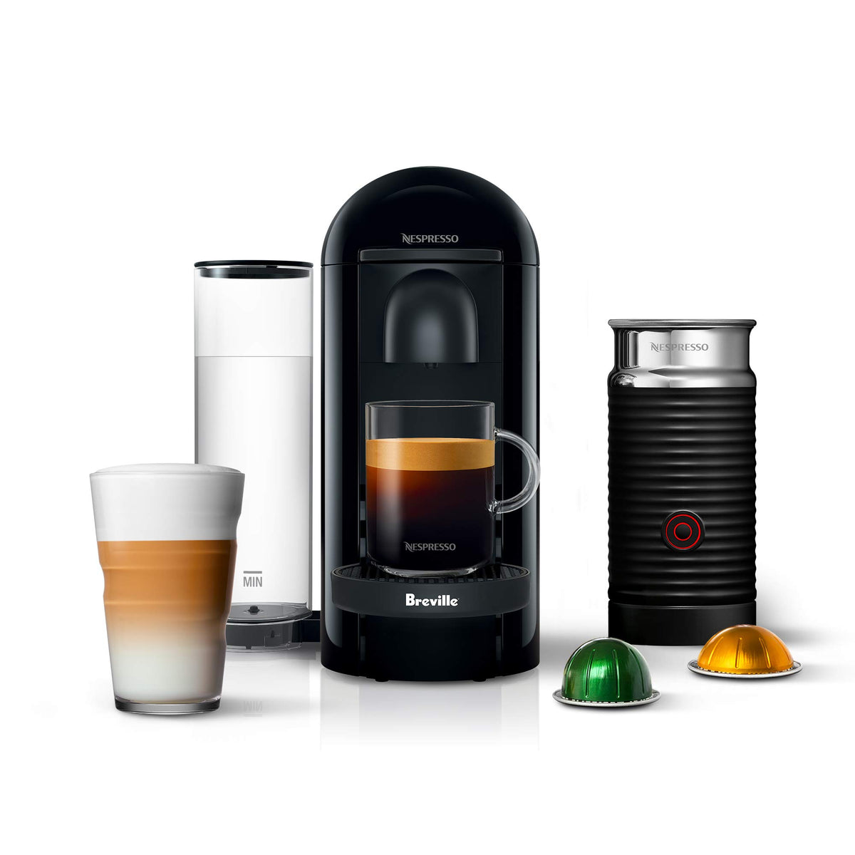 Nespresso VertuoPlus ink black front view showcasing compact countertop design