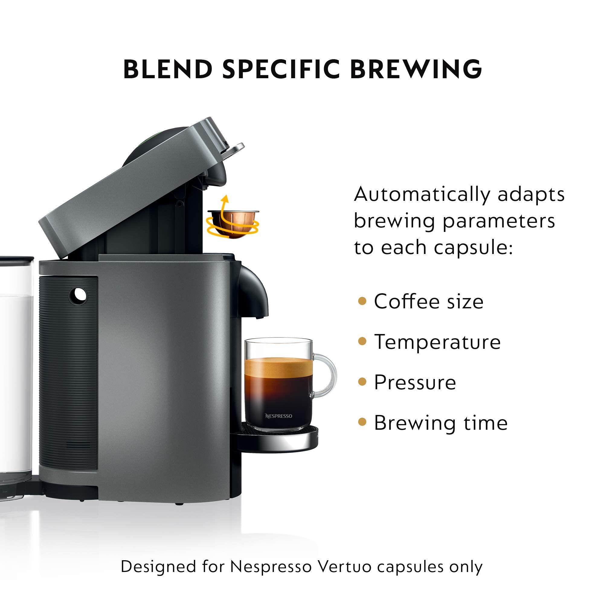 Nespresso Vertuo Plus Titan shows its large 60 oz water reservoir for fewer refills.