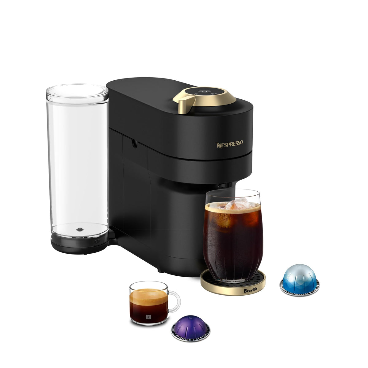Nespresso Vertuo Pop+ front view in matte black gold for stylish everyday use