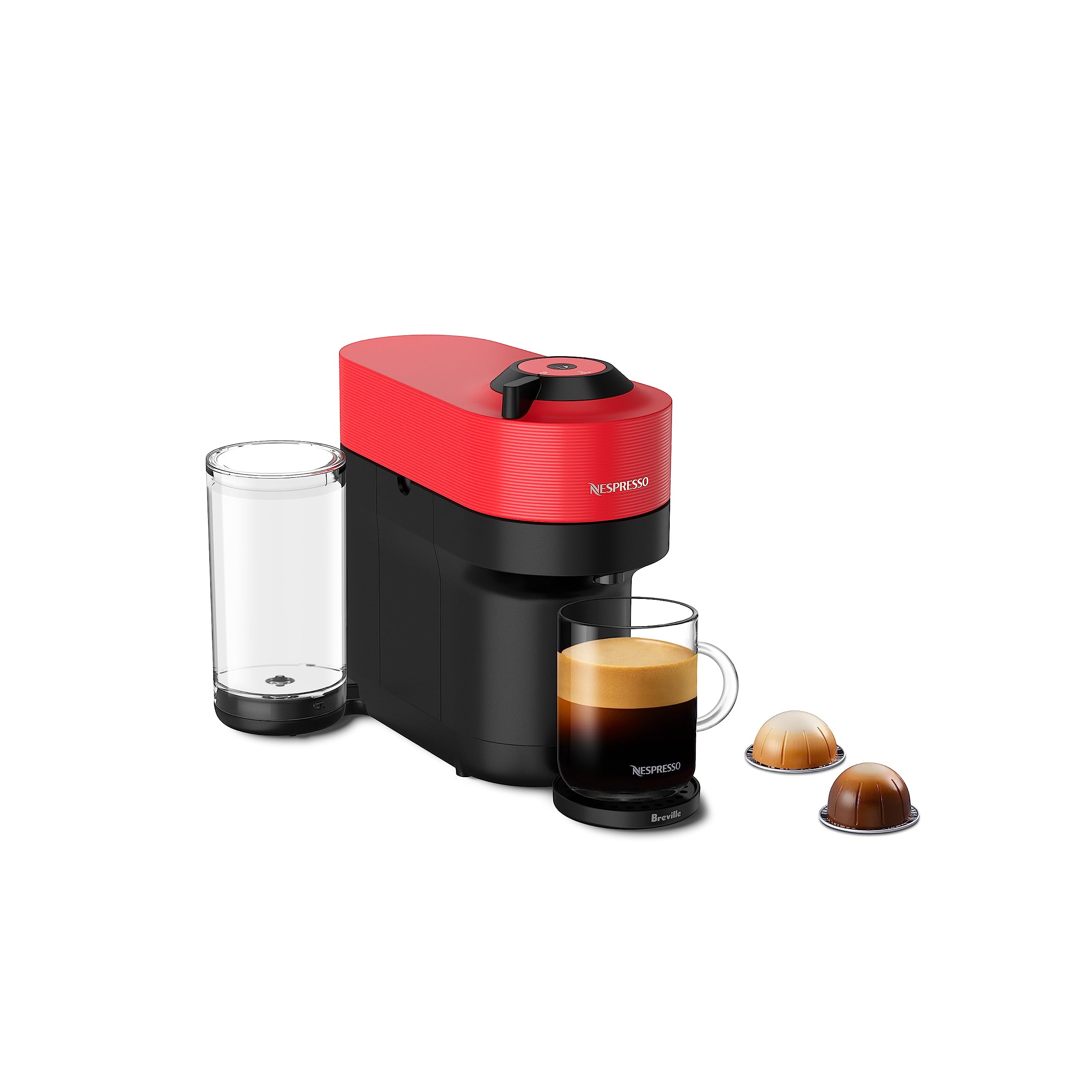 Nespresso Vertuo Pop+ front view with Spicy Red finish, bold kitchen statement