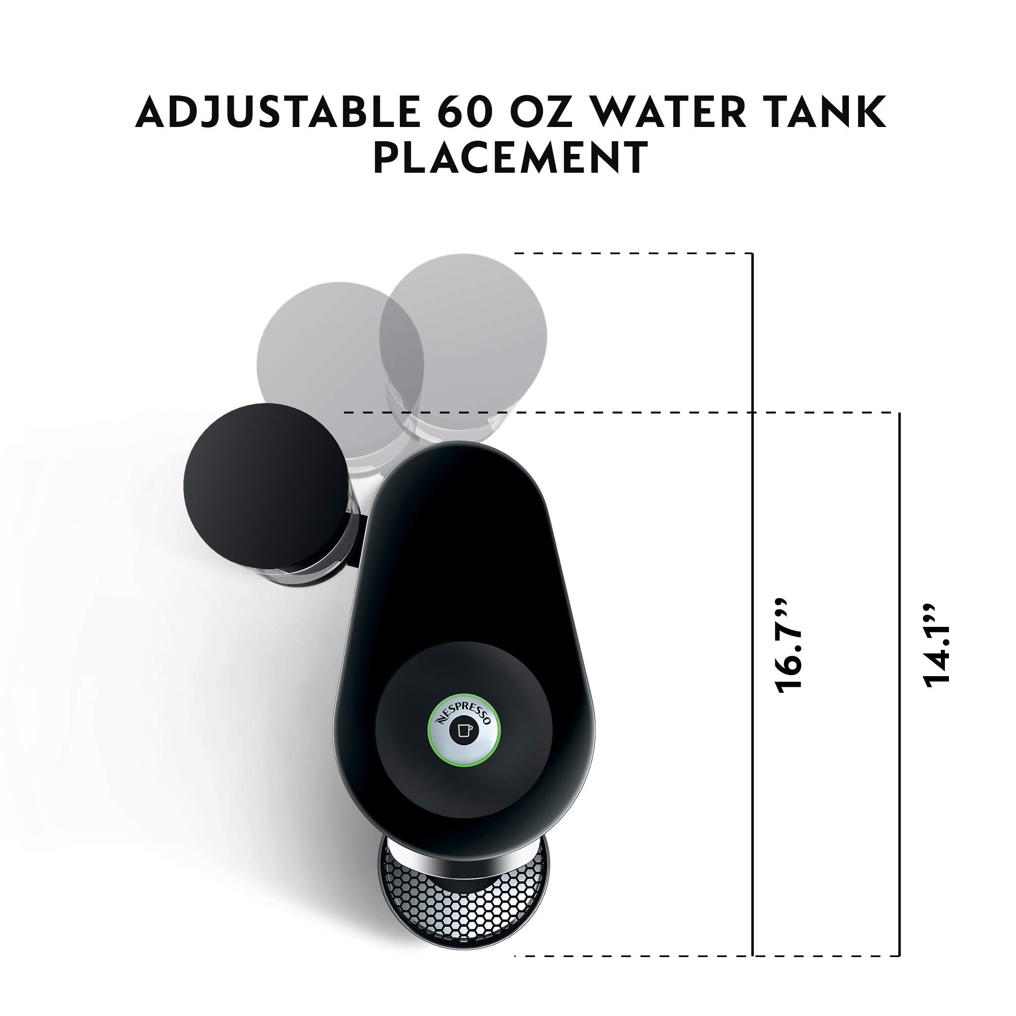 Nespresso VertuoPlus Deluxe side view highlighting adjustable cup tray for different mug sizes.