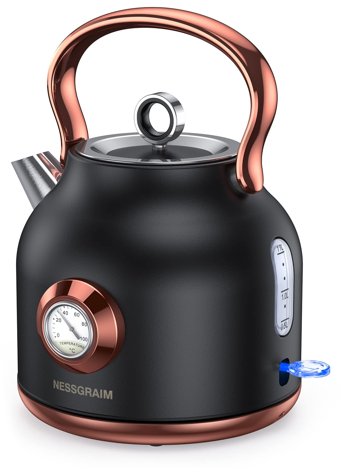 NESSGRAIM retro electric kettle full view; 1.7L capacity for family-size drinks.