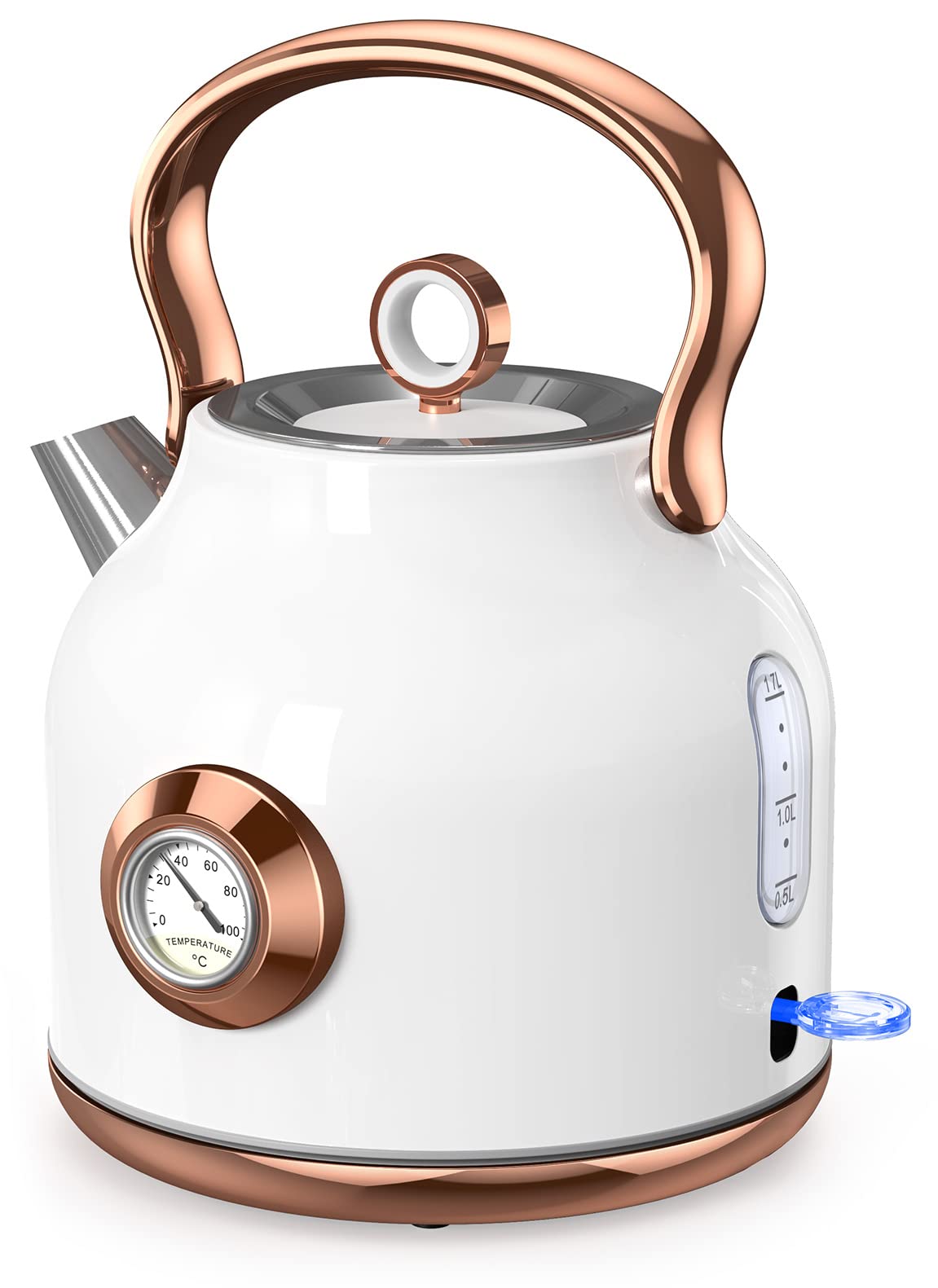NESSGRAIM retro kettle showing 1.7L capacity for quick tea brewing