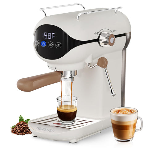 Nesskoko espresso machine front view showing 20 bar pump for rich shots
