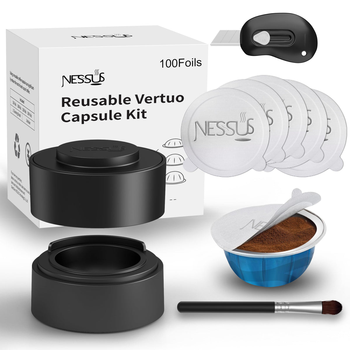 NESSUS Vertuo reusable kit holder shown for easy refilling and pod alignment.