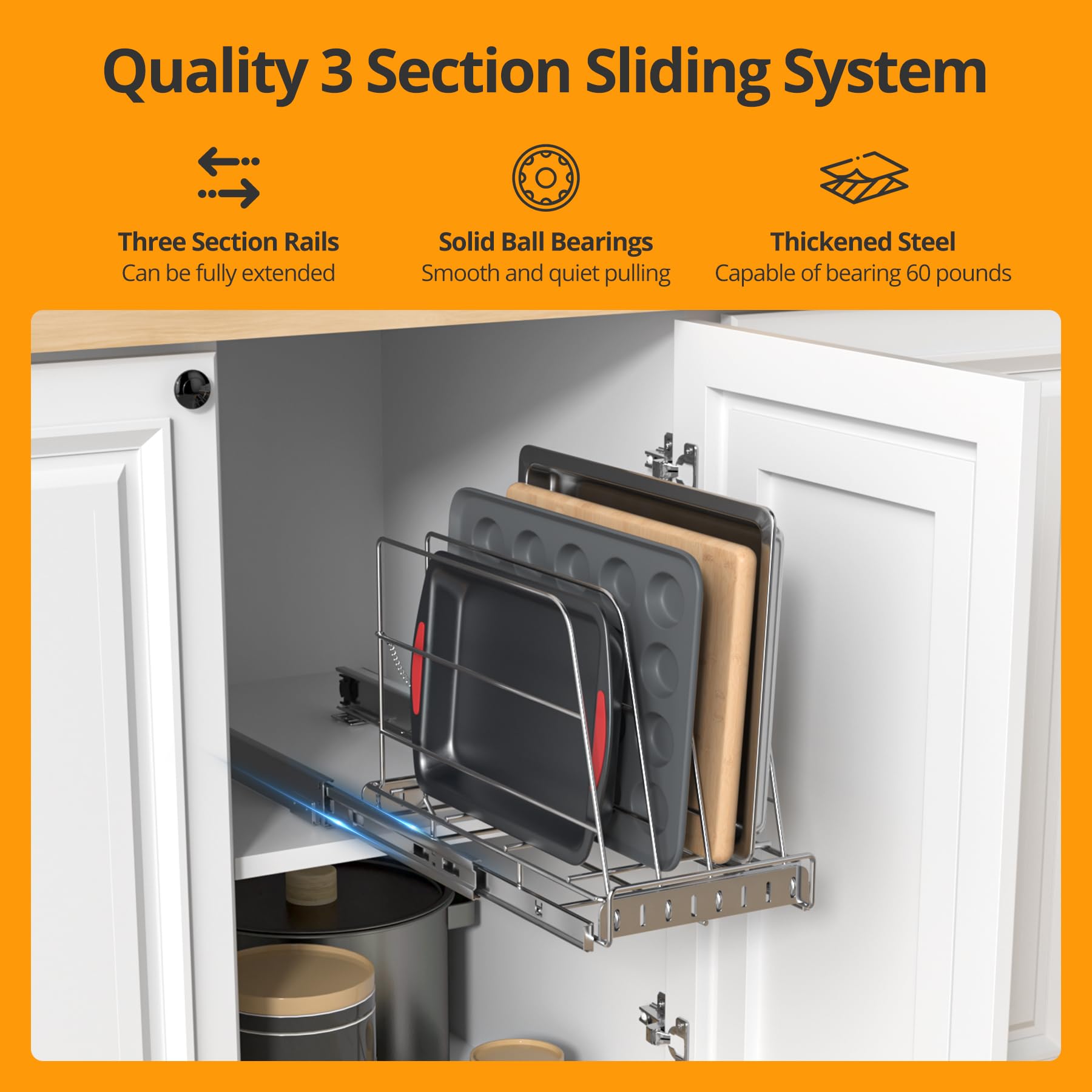 NestSprout pull-out organizer side view demonstrates slim cabinet profile