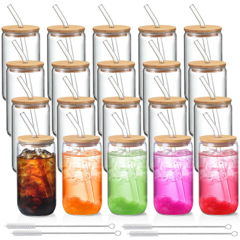 NETANY 20-pack glass cups with lids and straws in 16 oz for versatile use