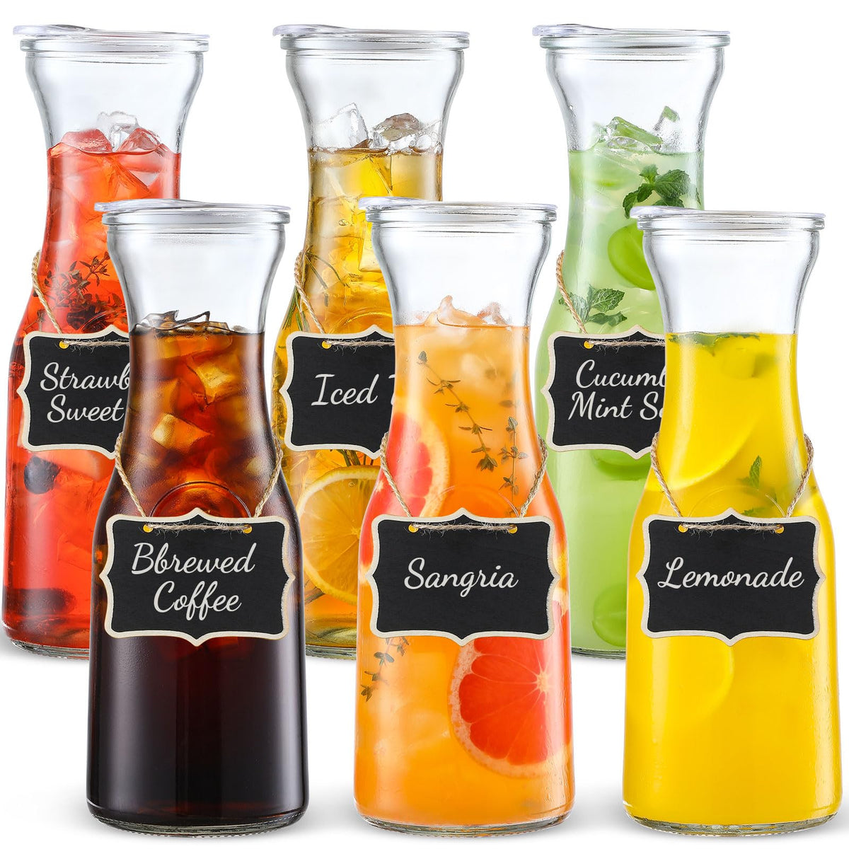 NETANY 6-piece glass carafes with lids show durable, spill-resistant storage for beverages