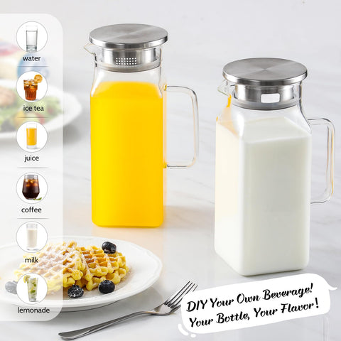 Netany borosilicate glass pitcher resists hot and cold temperatures for kitchen use.