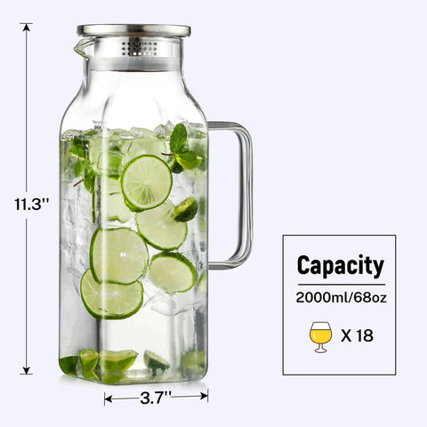 NETANY borosilicate glass pitcher holds 68oz for hot or cold drinks.