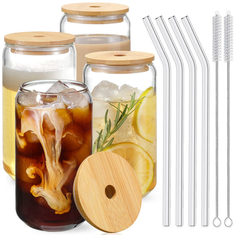 NETANY drinking glasses with bamboo lids; clear 16oz cups for iced coffee and tea.