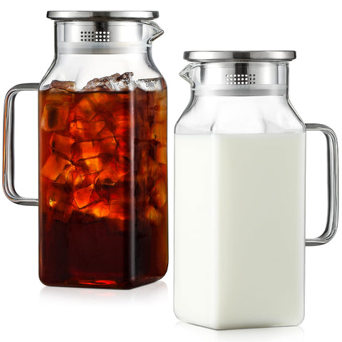 Netany square glass pitcher with lid and handle for fridge beverages.