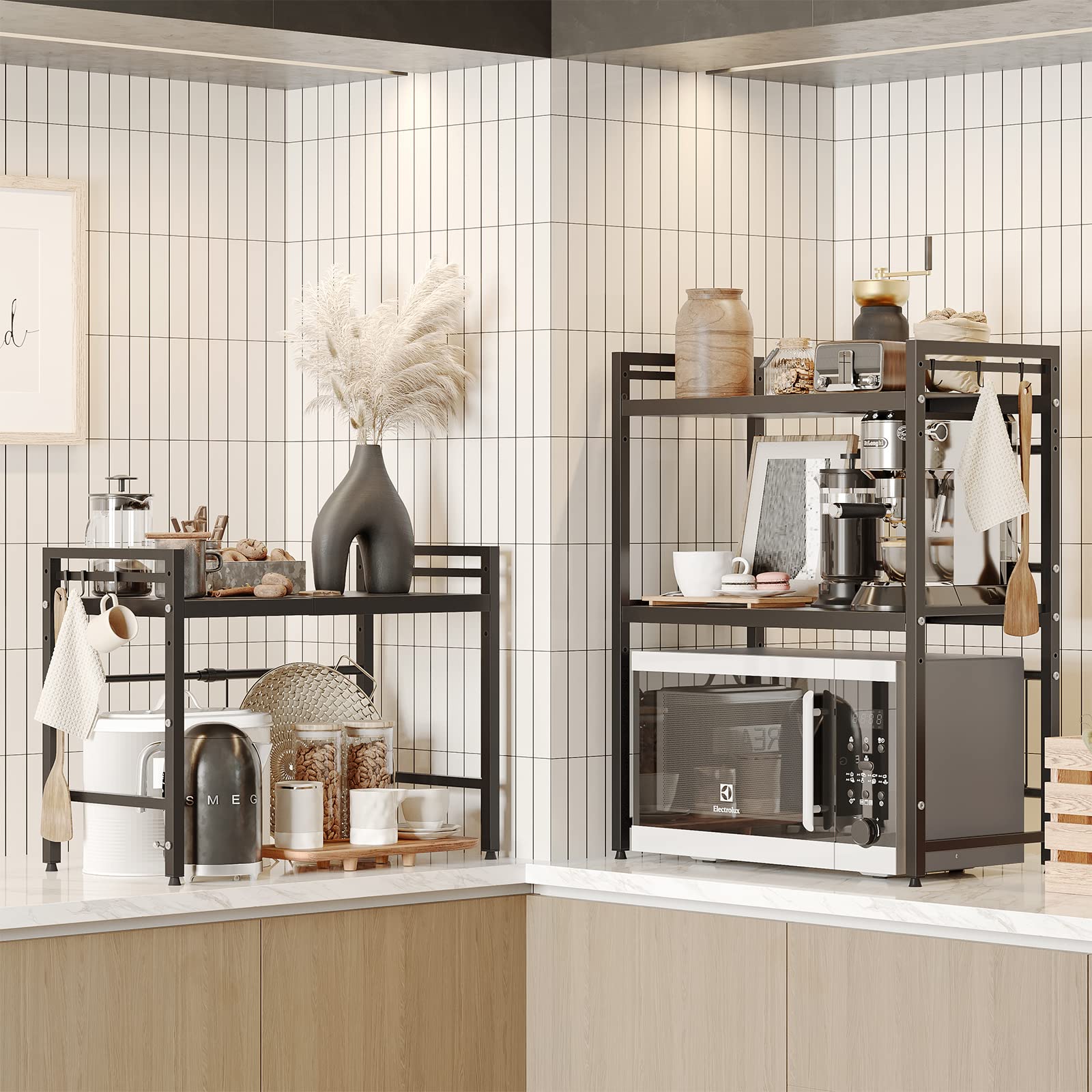 NETEL 3-tier kitchen shelf extended to fit a large microwave.