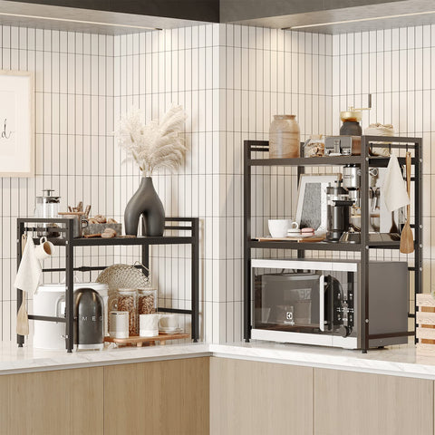 NETEL 3-tier kitchen shelf extended to fit a large microwave.