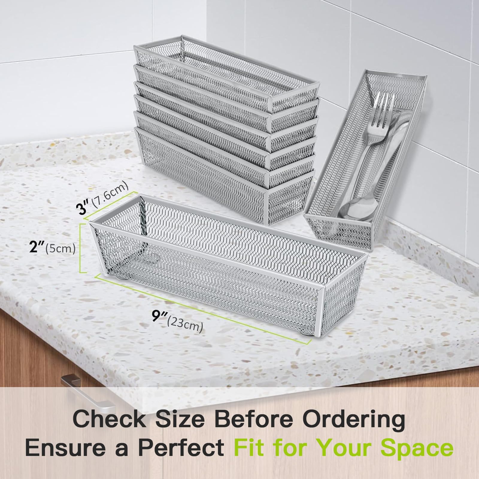 Neudeco silverware organizer with flexible 6-section layout for drawer customization.