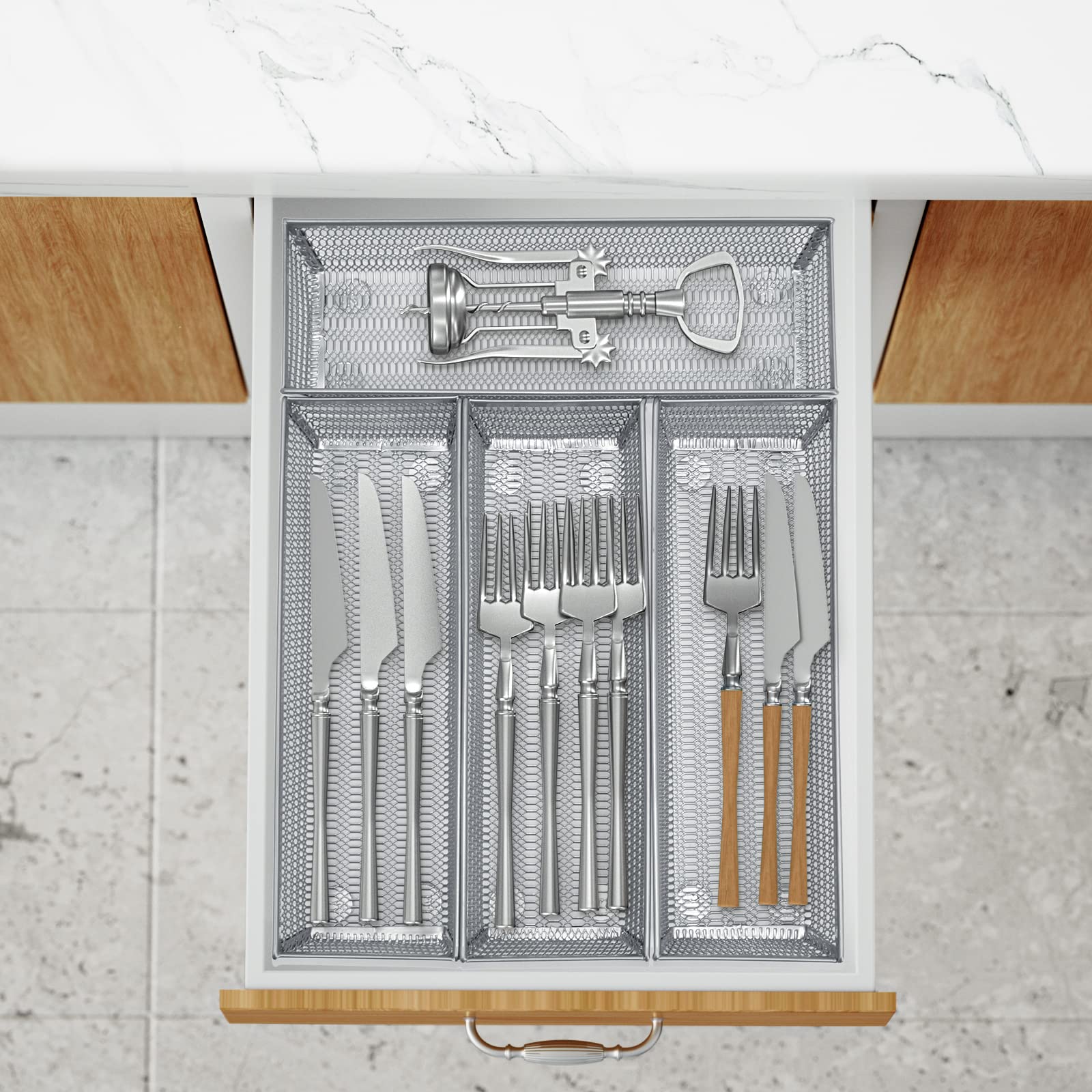 Neudeco silverware organizer compact 9x3x2 inches saves space.