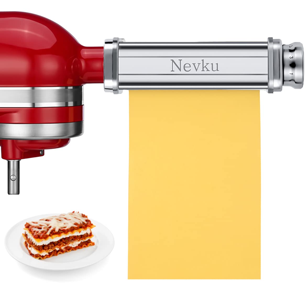 NEVKU pasta roller attachment for KitchenAid mixer with stainless steel build and smooth sheets