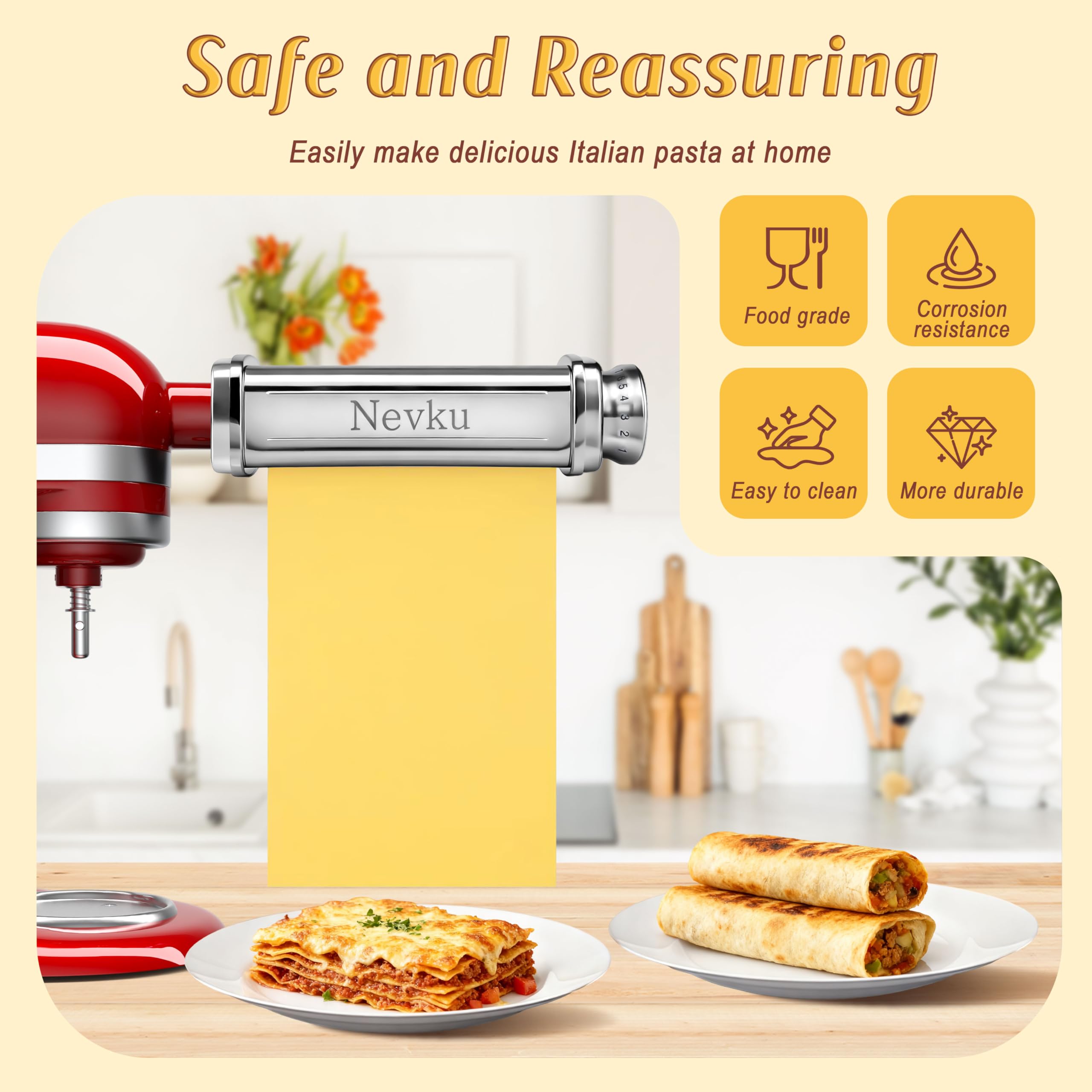 NEVKU stainless steel pasta roller construction highlighting durability