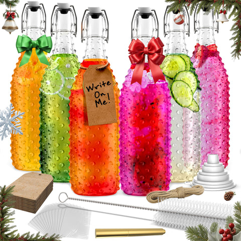 Nevlers 33 oz dotted glass bottle with swing-top for airtight storage.
