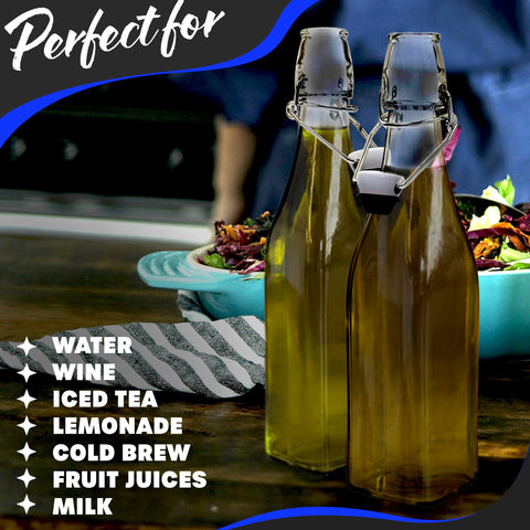 Nevlers brand display of square swing top bottles for table and shelf