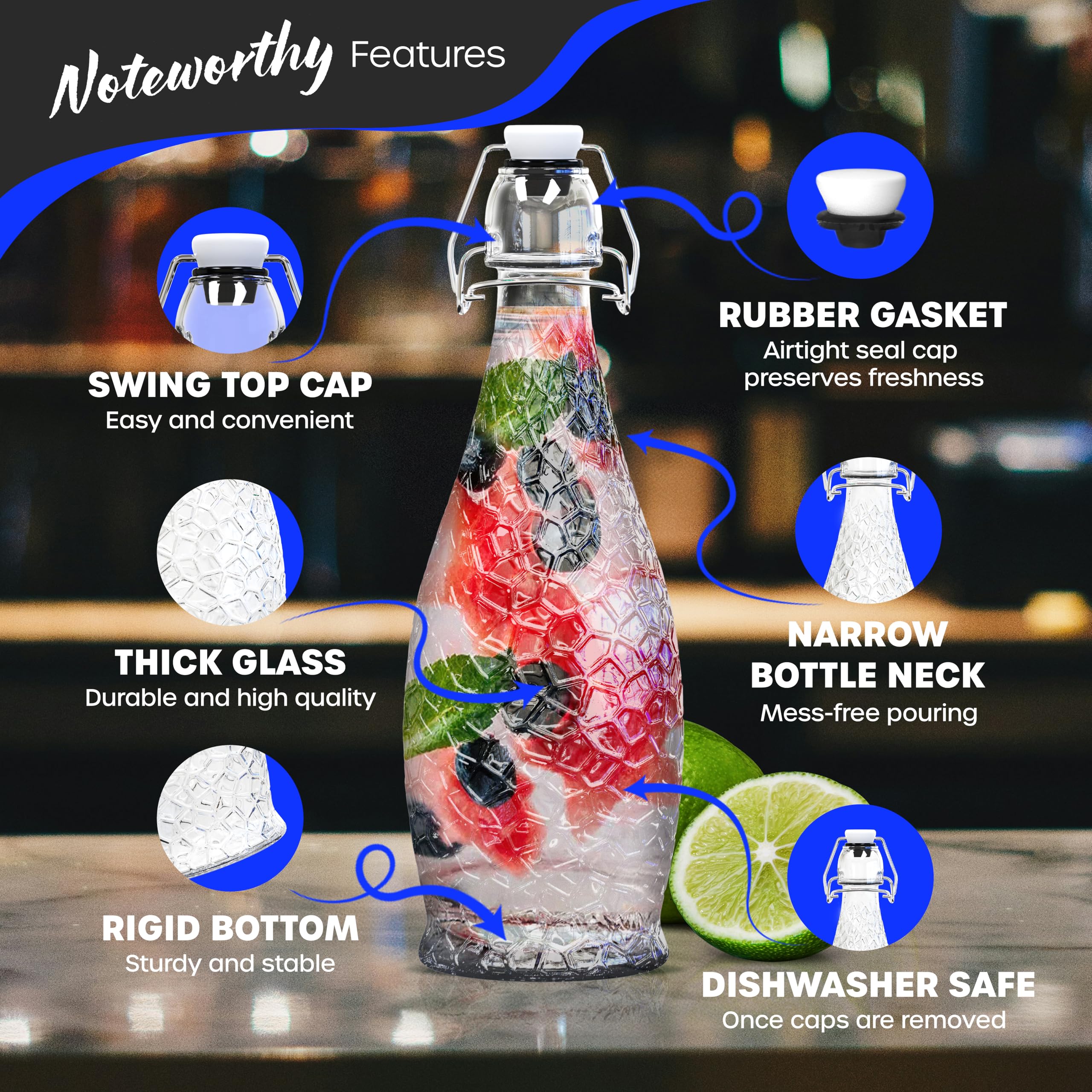 Nevlers swing-top stopper close-up showing durable seal for freshness.