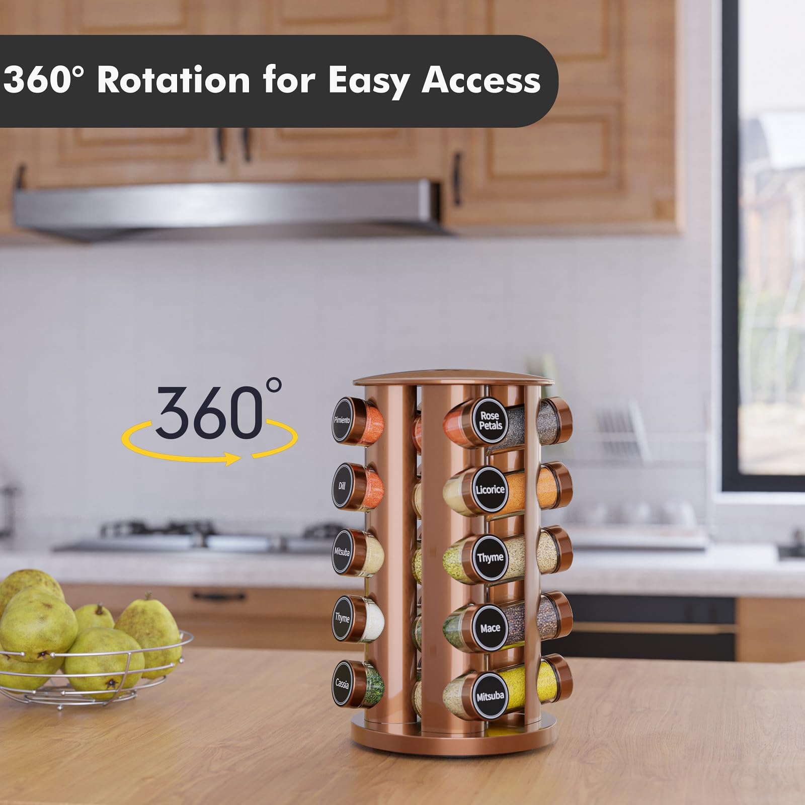 New England Stories 360-degree rotating base enables easy spice access from any angle.