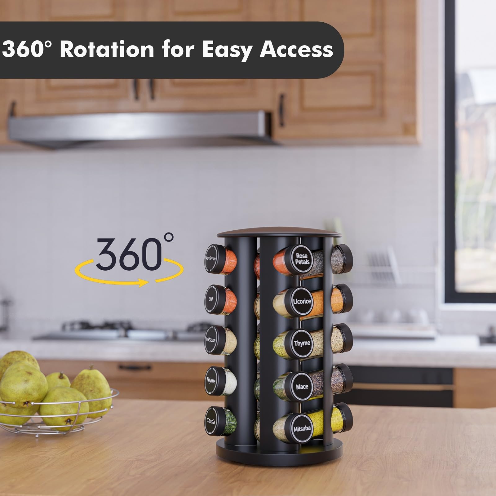 New England Stories 360-degree rotating base provides easy spice access